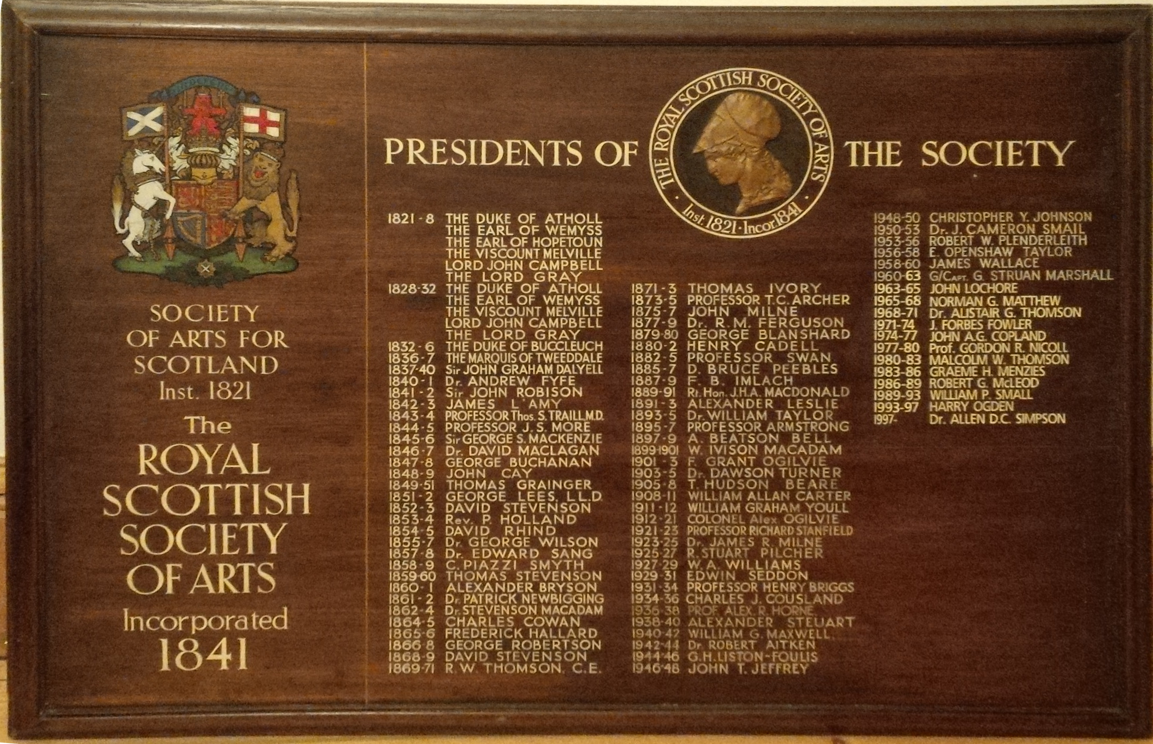 Picture of board listing Presidents of the Society